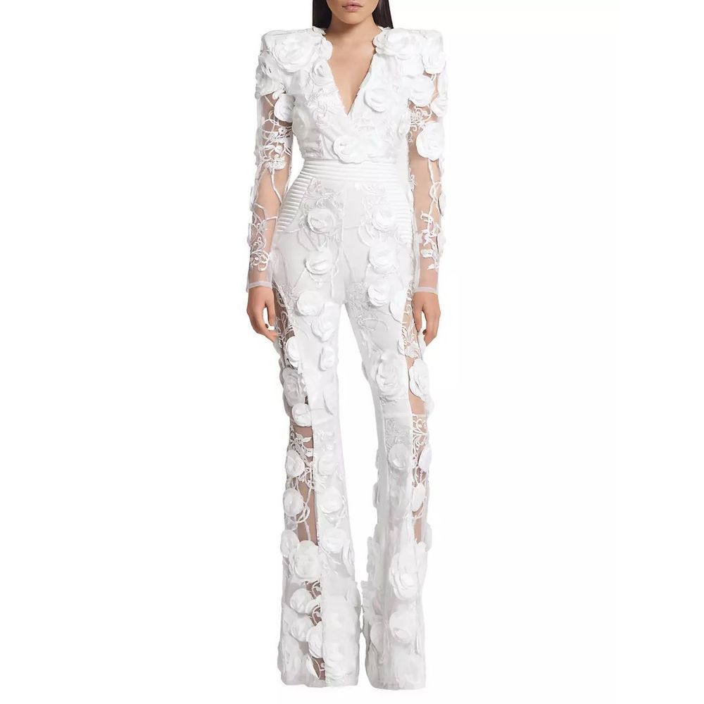 Zhivago White 3D Floral Appliqué V-Neck Sheer Panel Jumpsuit
